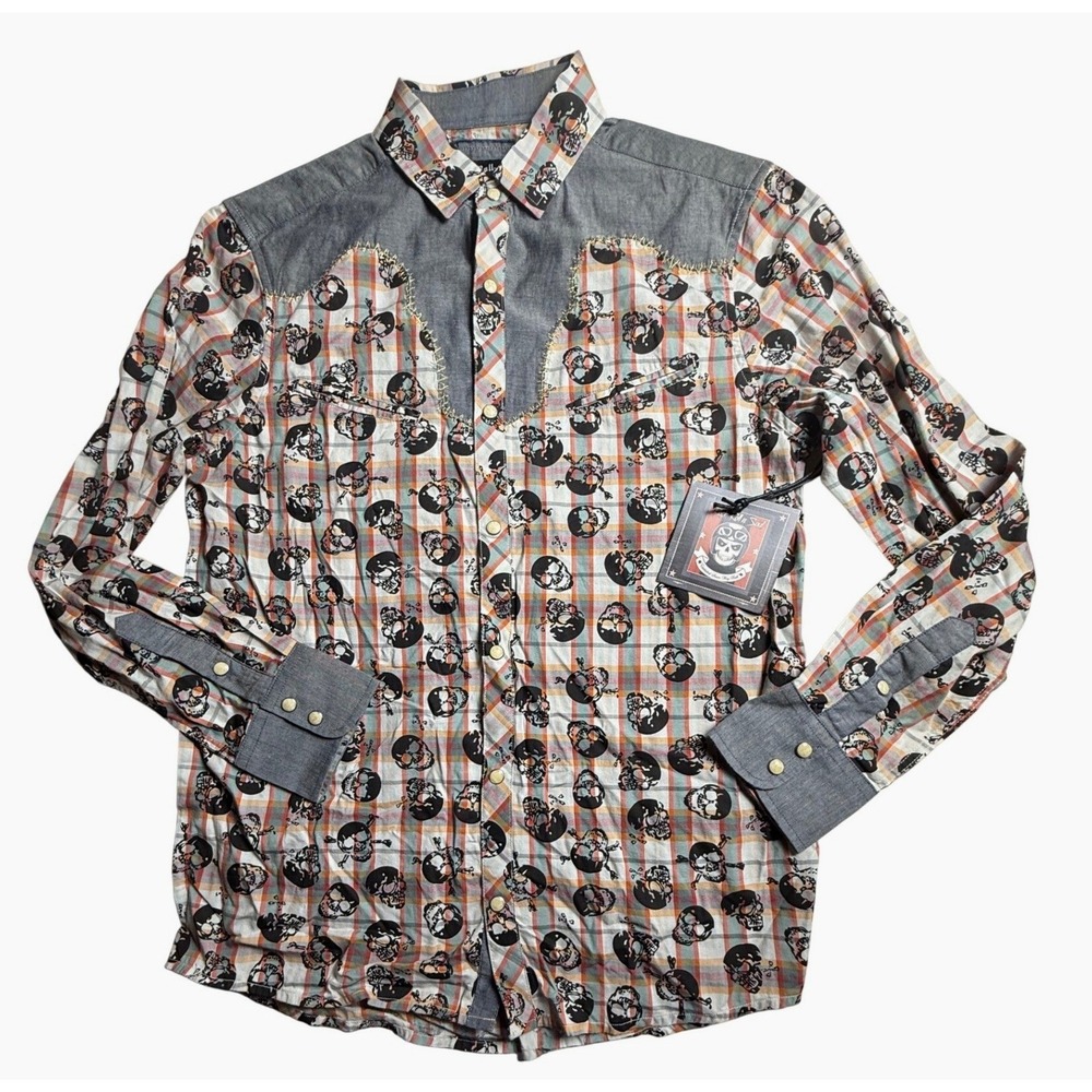 Rock Roll n Soul Mens Skull Plaid Western Snap Button Shirt XL New-2440